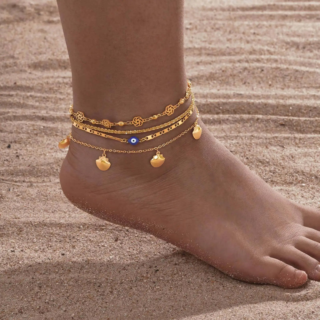 Stainless Steel Anklets Bracelet for Women, Flower Heart Seashell Charms Layered Anklets, Waterproof Gold Plated Anklet❤️