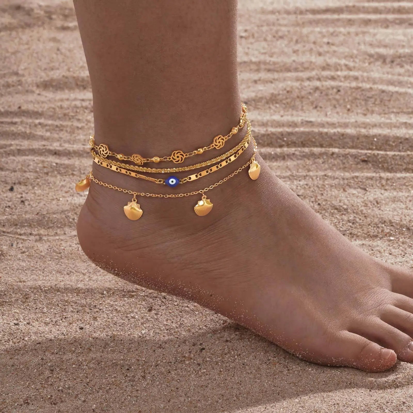 Stainless Steel Anklets Bracelet for Women, Flower Heart Seashell Charms Layered Anklets, Waterproof Gold Plated Anklet✨️