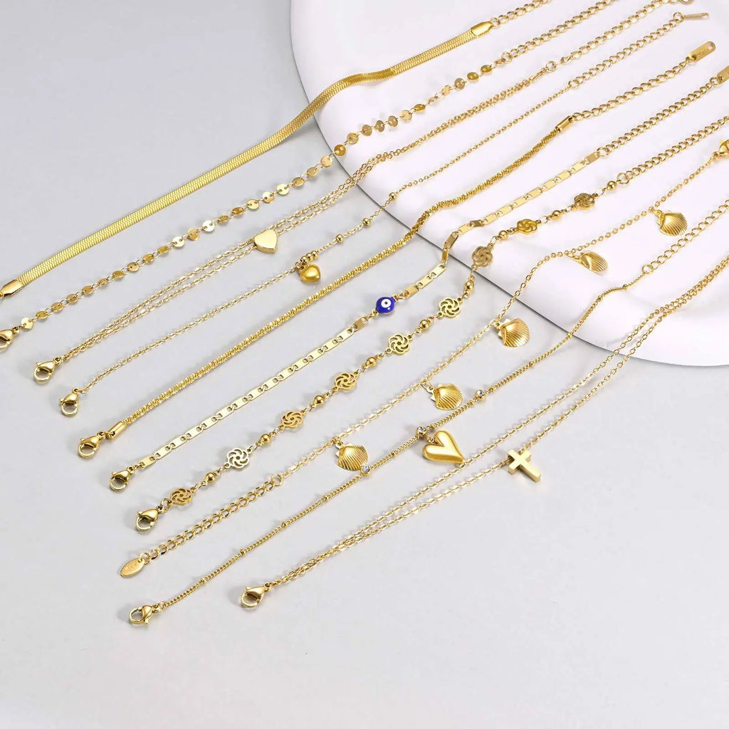 Stainless Steel Anklets Bracelet for Women, Flower Heart Seashell Charms Layered Anklets, Waterproof Gold Plated Anklet❤️