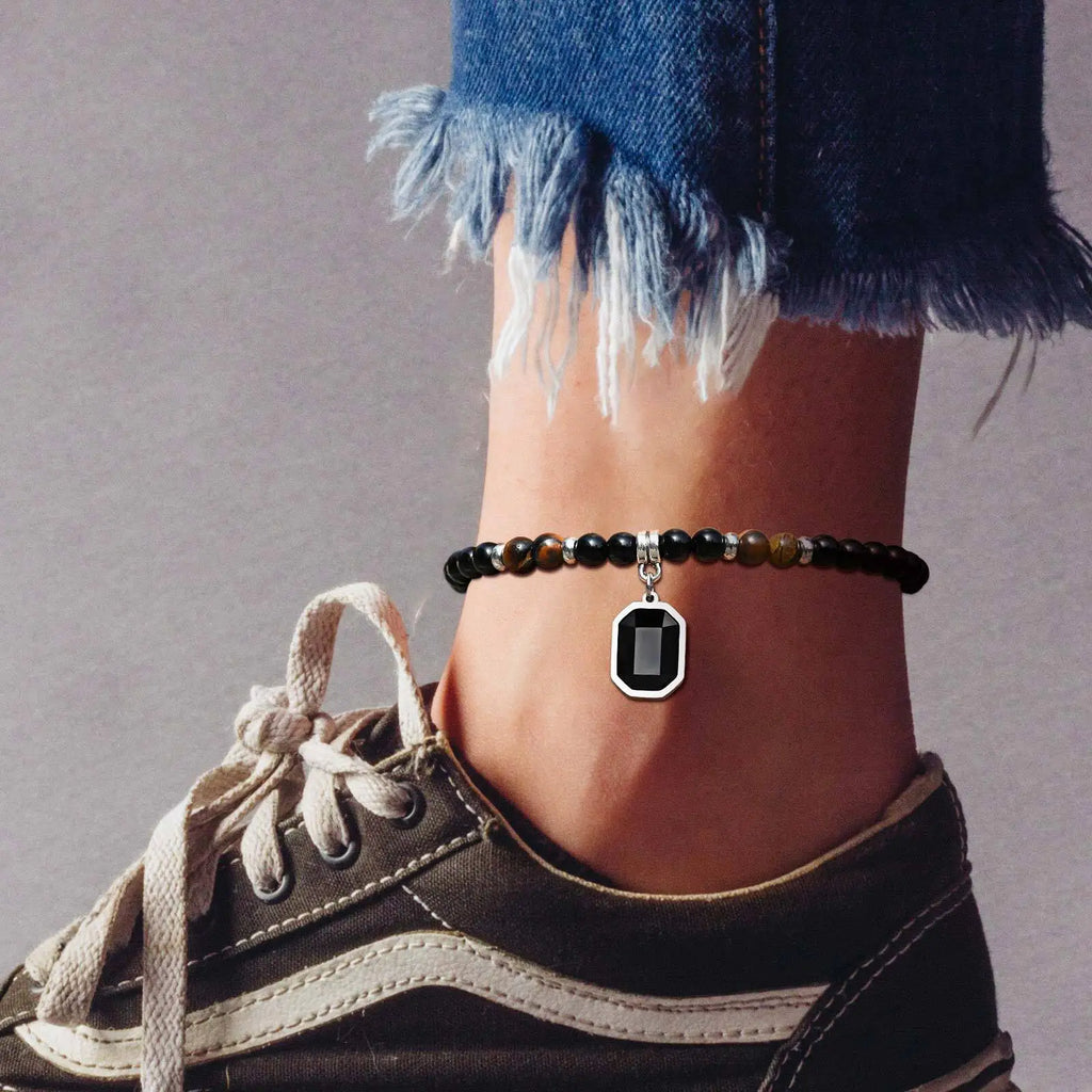 Tiger Eye Stone Glass Bead Anklet for Men,Stainless Steel Black Glass Square Charm Ankle Bracelet,Trendy Jewelry Gifts♥️