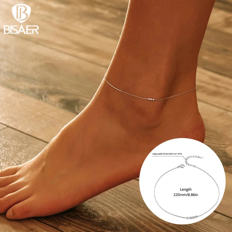 BISAER 925 Sterling Silver Round Beads Anklets,Waterproof Hypoallergenic Infinite Love Chain For Women Fine Jewelry Holiday Gift