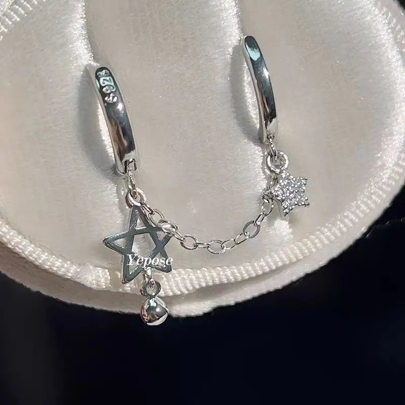 1PCS Silver Color Star Chain Double Ear Hole Stainless Steel Ear Bone Nail Y2K Fashion Hottie Earrings for Women Jewelry💛